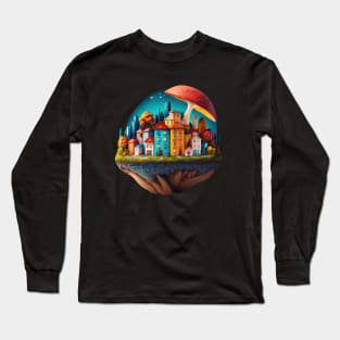 Little City under a Mushroom | Psychedelic Art Long Sleeve T-Shirt